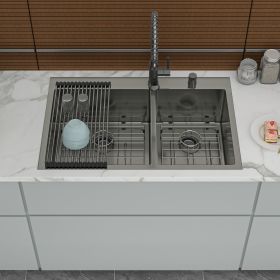 Double Bowl Drop in Sink- 33"x22" Gunmetal Black Double Bowl Kitchen Sink 16 Gauge with Two 10" Deep Basin(60/40)