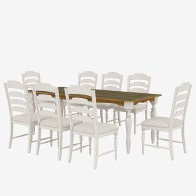 TOPMAX Vintage Traditional 9-Piece 82.7inch Extendable Dining Table Set with 23.6inch Removable Leaf and 8 Upholstered Dining Chairs for 8, Brown+Crea