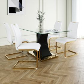 Modern style glass dining table, elegant transparent design, solid support base, white dining chair set, gold-plated legs, suitable for restaurant kit