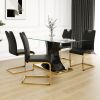 Modern style glass dining table, elegant transparent design, solid support base, black dining chair set, gold-plated chair legs, suitable for restaura