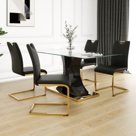 Modern style glass dining table, elegant transparent design, solid support base, black dining chair set, gold-plated chair legs, suitable for restaura