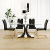 Modern style glass dining table, elegant transparent design, solid support base, black dining chair set, gold-plated chair legs, suitable for restaura