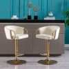 Set of 2 Bar Stools,with Chrome Footrest and Base Swivel Height Adjustable Mechanical Lifting Velvet + Golden Leg Simple Bar Stool-Ivory