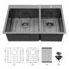 Double Bowl Drop in Sink- 33"x22" Gunmetal Black Double Bowl Kitchen Sink 16 Gauge with Two 10" Deep Basin(60/40)