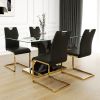 Modern style glass dining table, elegant transparent design, solid support base, black dining chair set, gold-plated chair legs, suitable for restaura