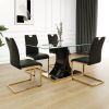 Modern style glass dining table, elegant transparent design, solid support base, black dining chair set, gold-plated chair legs, suitable for restaura