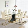 Modern style glass dining table with elegant transparent design, solid support base, pale yellow dining chair set with gold-plated legs, suitable for