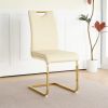 Modern style glass dining table with elegant transparent design, solid support base, pale yellow dining chair set with gold-plated legs, suitable for
