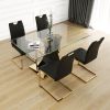 Modern style glass dining table, elegant transparent design, solid support base, black dining chair set, gold-plated chair legs, suitable for restaura