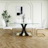 Modern style glass dining table, elegant transparent design, solid support base, white dining chair set, gold-plated legs, suitable for restaurant kit