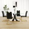 Modern style glass dining table, elegant transparent design, solid support base, black dining chair set, gold-plated chair legs, suitable for restaura