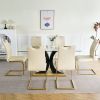 Modern style glass dining table with elegant transparent design, solid support base, pale yellow dining chair set with gold-plated legs, suitable for