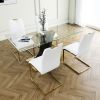 Modern style glass dining table, elegant transparent design, solid support base, white dining chair set, gold-plated legs, suitable for restaurant kit