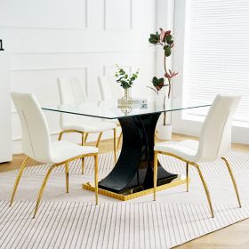 Modern simple table and chair set, one table and four chairs. Transparent tempered glass table top, solid base. Gold plated metal chair legs (set of 5 (Color: as Pic)