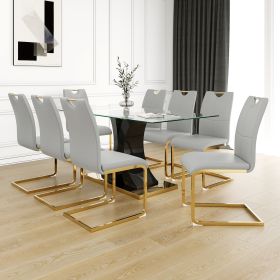 Modern style glass dining table, elegant transparent design, solid support base, grey dining chair set, gold-plated chair legs, suitable for restauran (Color: as Pic)