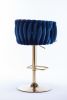 Set of 2 Bar Stools,with Chrome Footrest and Base Swivel Height Adjustable Mechanical Lifting Velvet + Golden Leg Simple Bar Stool-Navy