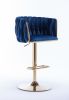 Set of 2 Bar Stools,with Chrome Footrest and Base Swivel Height Adjustable Mechanical Lifting Velvet + Golden Leg Simple Bar Stool-Navy