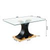 Modern simple table and chair set, one table and four chairs. Transparent tempered glass table top, solid base. Gold plated metal chair legs (set of 5
