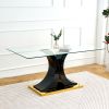 Modern simple table and chair set, one table and four chairs. Transparent tempered glass table top, solid base. Gold plated metal chair legs (set of 5