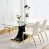 Modern simple table and chair set, one table and four chairs. Transparent tempered glass table top, solid base. Gold plated metal chair legs (set of 5