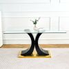 Modern simple table and chair set, one table and four chairs. Transparent tempered glass table top, solid base. Gold plated metal chair legs (set of 5