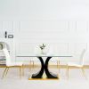 Modern simple table and chair set, one table and four chairs. Transparent tempered glass table top, solid base. Gold plated metal chair legs (set of 5