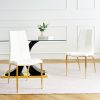 Modern simple table and chair set, one table and four chairs. Transparent tempered glass table top, solid base. Gold plated metal chair legs (set of 5